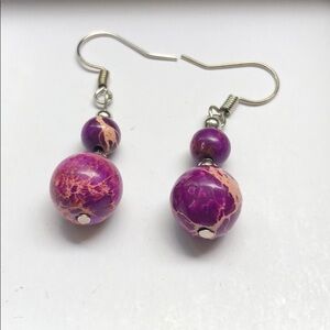Purple Sea Jasper Earrings Drop Dangle Silver Women Colorful Boho Retro Hippies